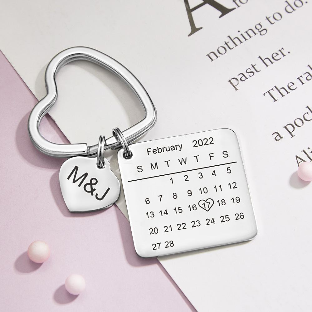 Custom Engraved Calendar Keychain Heart Key Ring Save the Date Keychain - MyFaceTshirt