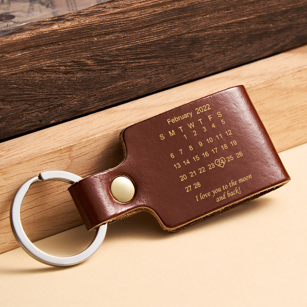Custom Engraved Calendar Date Keychain Leather Keyring Anniversary Gift - MyFaceTshirt