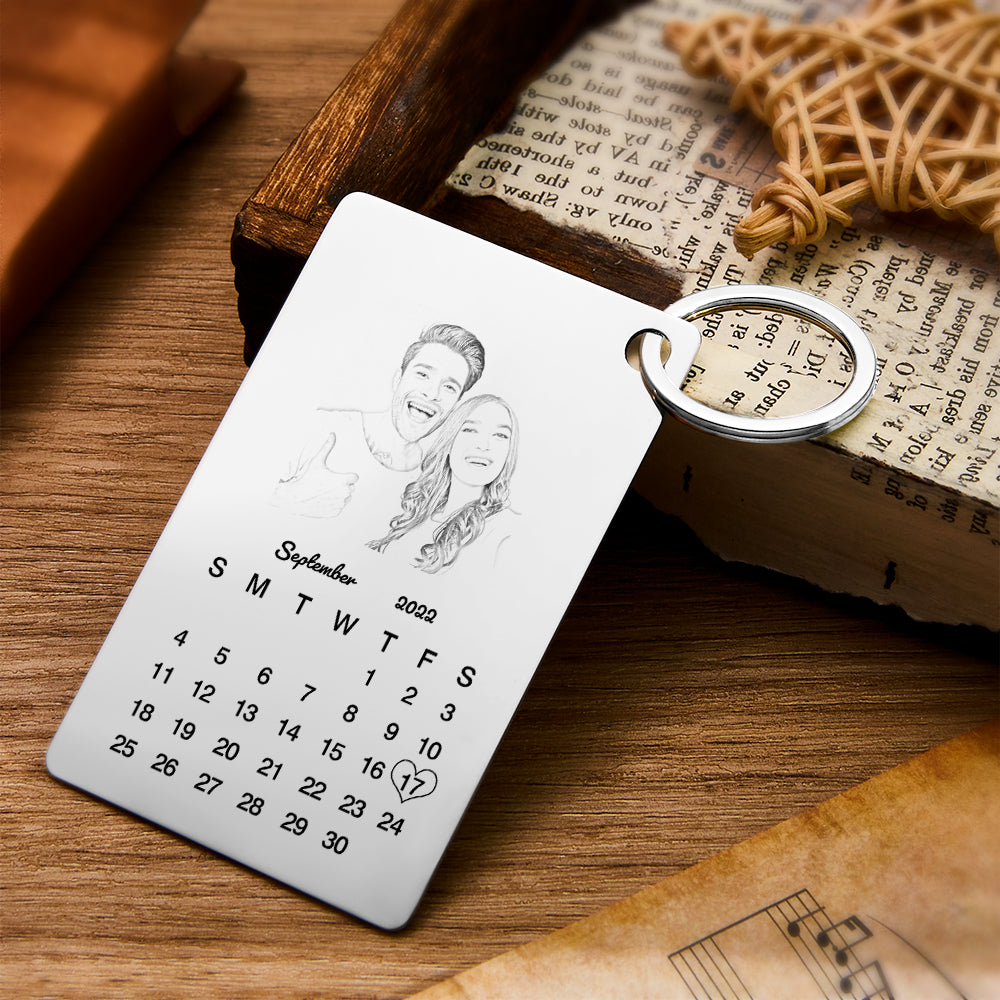 Custom Photo Engraved Keychain Calendar Keychain Personalized Keychain Wedding Anniversary Gift - MyFaceTshirt
