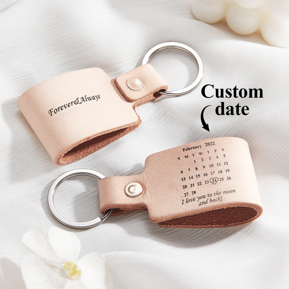 Personalized Calendar Leather Keychain Custom Engraved Date Elegant Keyring Anniversary Gift - MyFaceTshirt