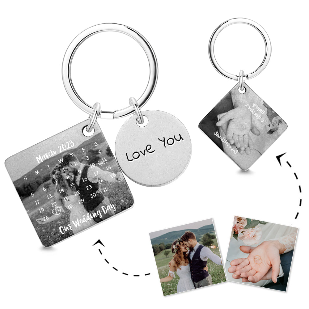 Custom Photo Engraved Calendar Silver Key Chain Best Anniversary Gift - MyFaceTshirt