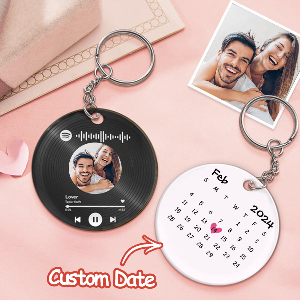 Custom Music Song Calendar Keychains Scannable Spotify Code Acrylic Gifts for Couple Valentine's Day Gift - MyFaceTshirt