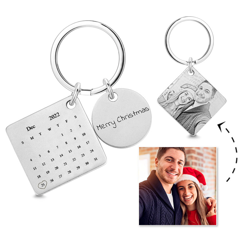 Custom Photo Engraved Calendar Silver Keyring Key Chain | Christmas Gift - MyFaceTshirt