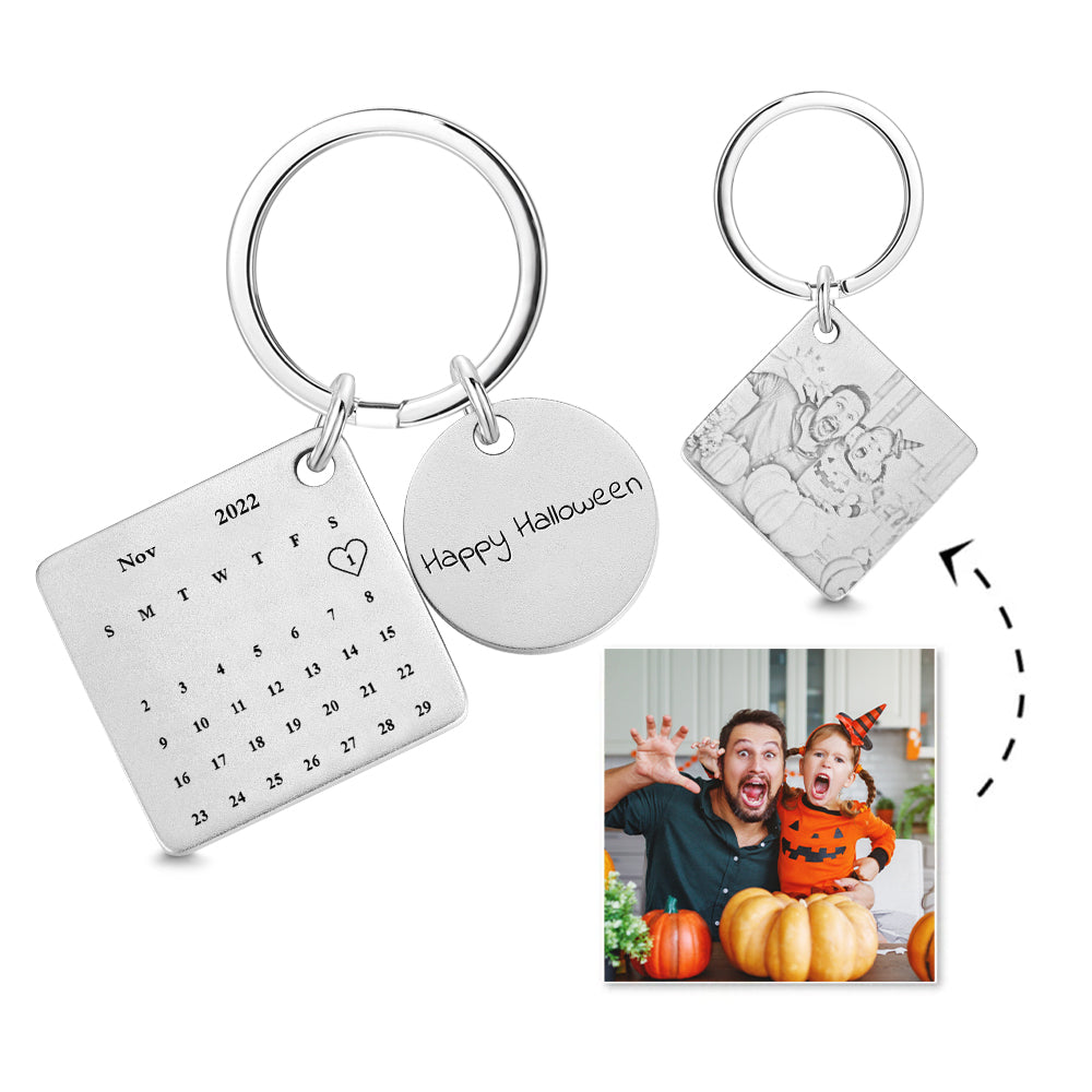 Halloween Gift Custom Photo Engraved Calendar Silver Keyring Key Chain - MyFaceTshirt