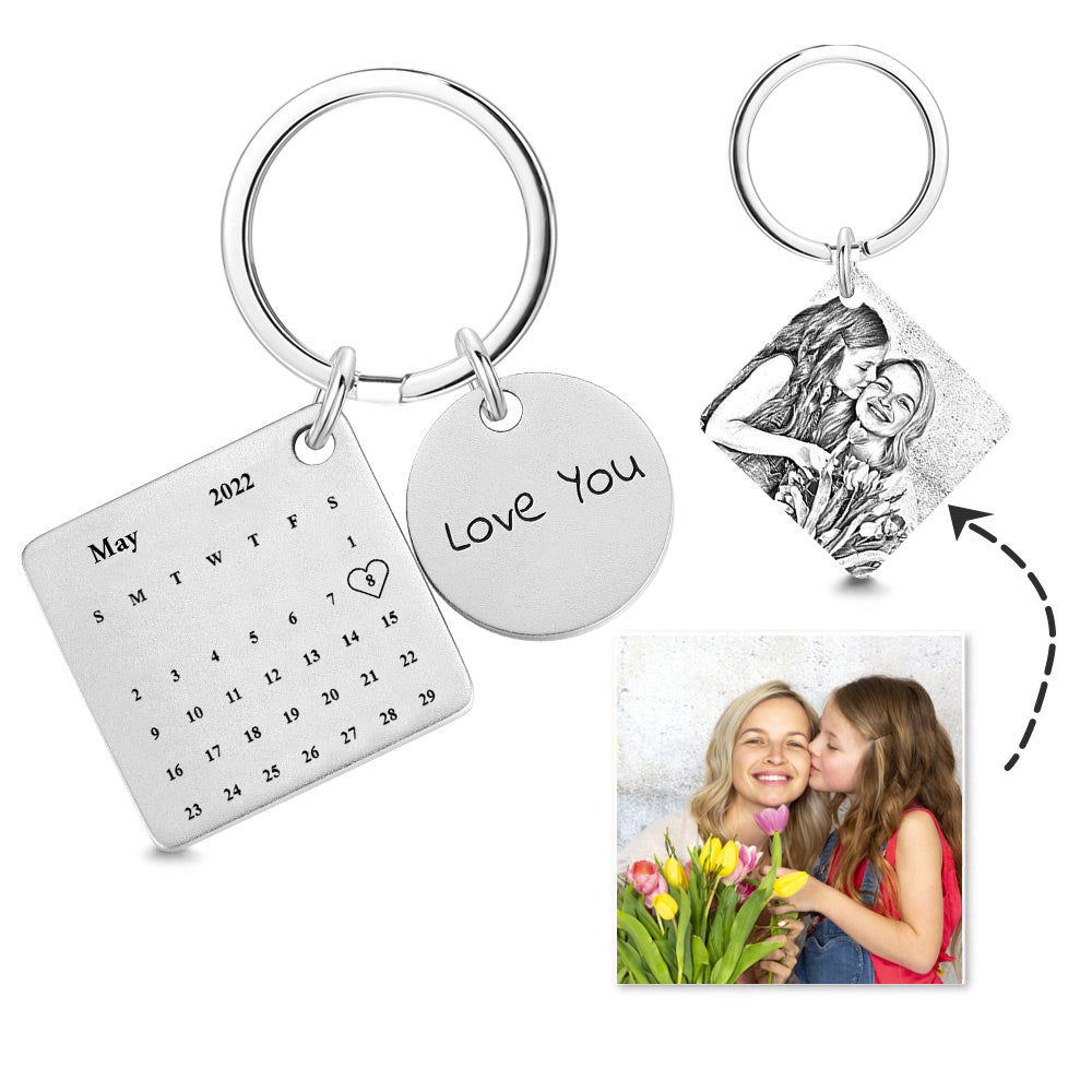 Custom Photo Engraved Calendar Silver Keyring Key Chain | Best Anniversary Gift - MyFaceTshirt