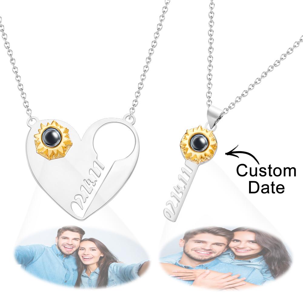 Custom Engraved Projection Necklace Custom Date Key of Heart Couple Gifts - MyFaceTshirt