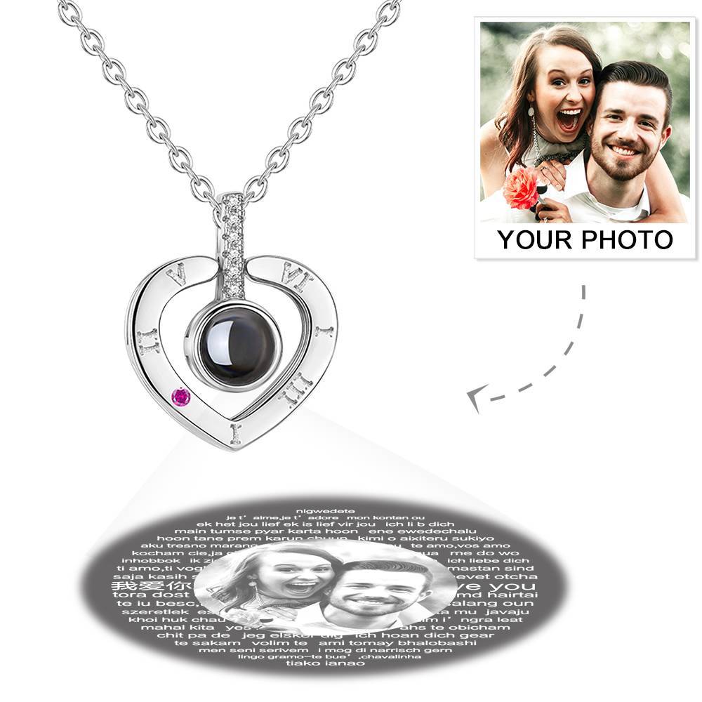 Personalized Photo With 100 Languages Says I Love You Projection Necklace Heart-shaped Silver - MyFaceTshirt