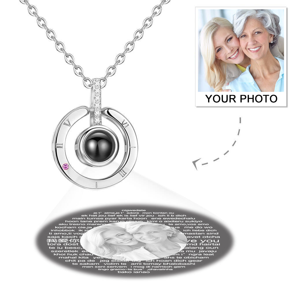 Personalized Photo With 100 Languages Says I Love You Projection Necklace Round-shaped Silver - MyFaceTshirt