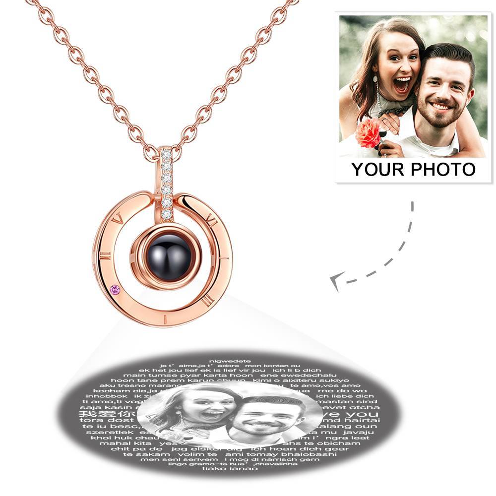 Personalized Photo With 100 Languages Says I Love You Projection Necklace Round-shaped Rose Gold - MyFaceTshirt