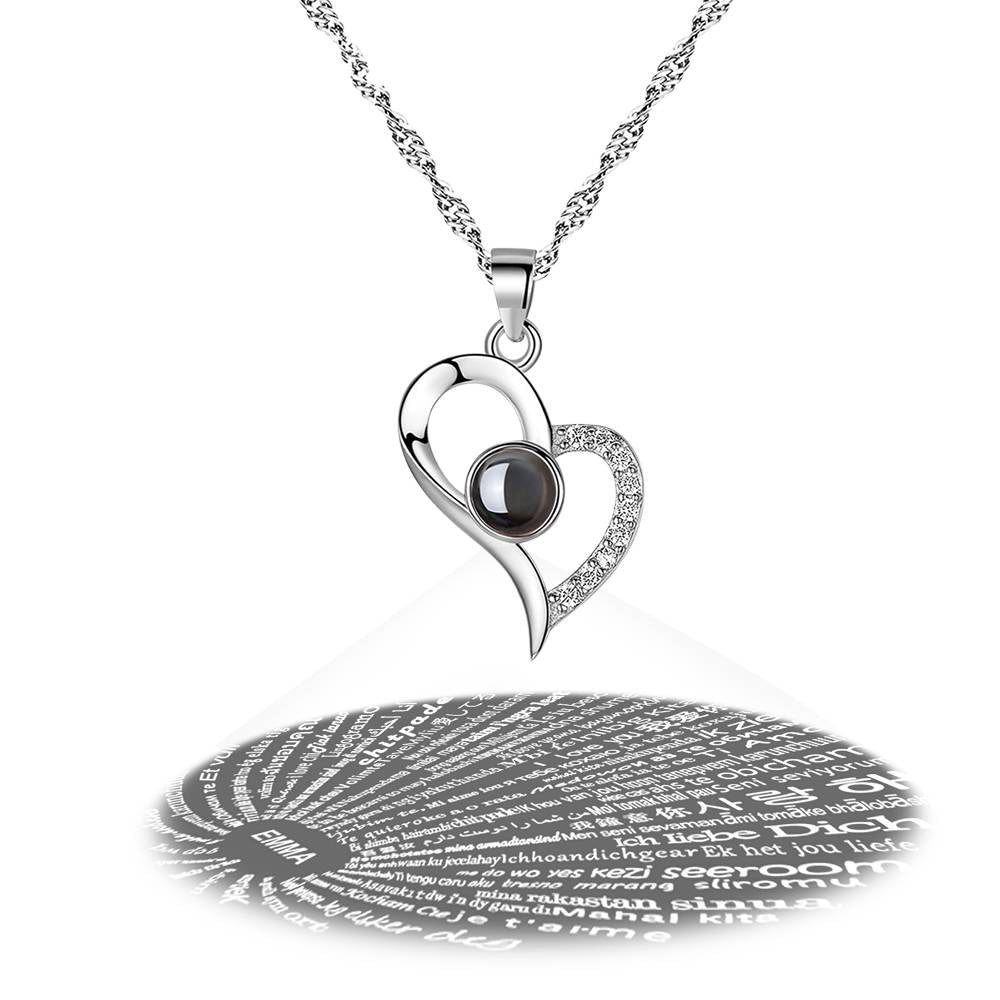 Personalized Engraved With 100 Languages Says I Love You Projection Necklace Love Your Heart Silver - MyFaceTshirt