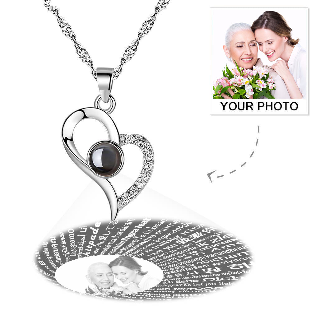 Personalized Photo With 100 Languages Says I Love You Projection Necklace Love Your Heart Silver - MyFaceTshirt