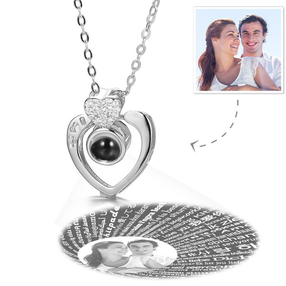Personalized I Love You Necklace in 100 Languages Projection Photo Engraved Necklace Two Hearts Silver - MyFaceTshirt