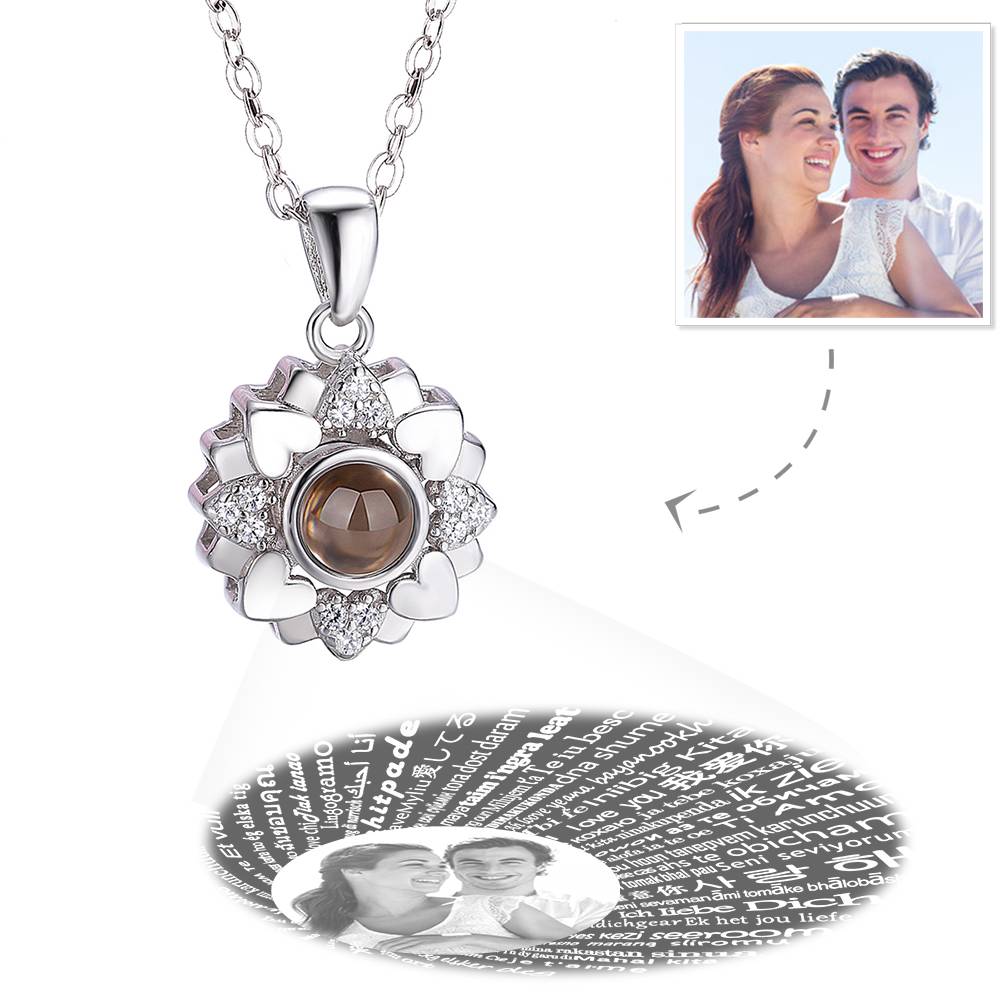 Custom I Love You Necklace in 100 Languages Projection Photo Engraved Necklace, Four-leaf Clover Silver - MyFaceTshirt