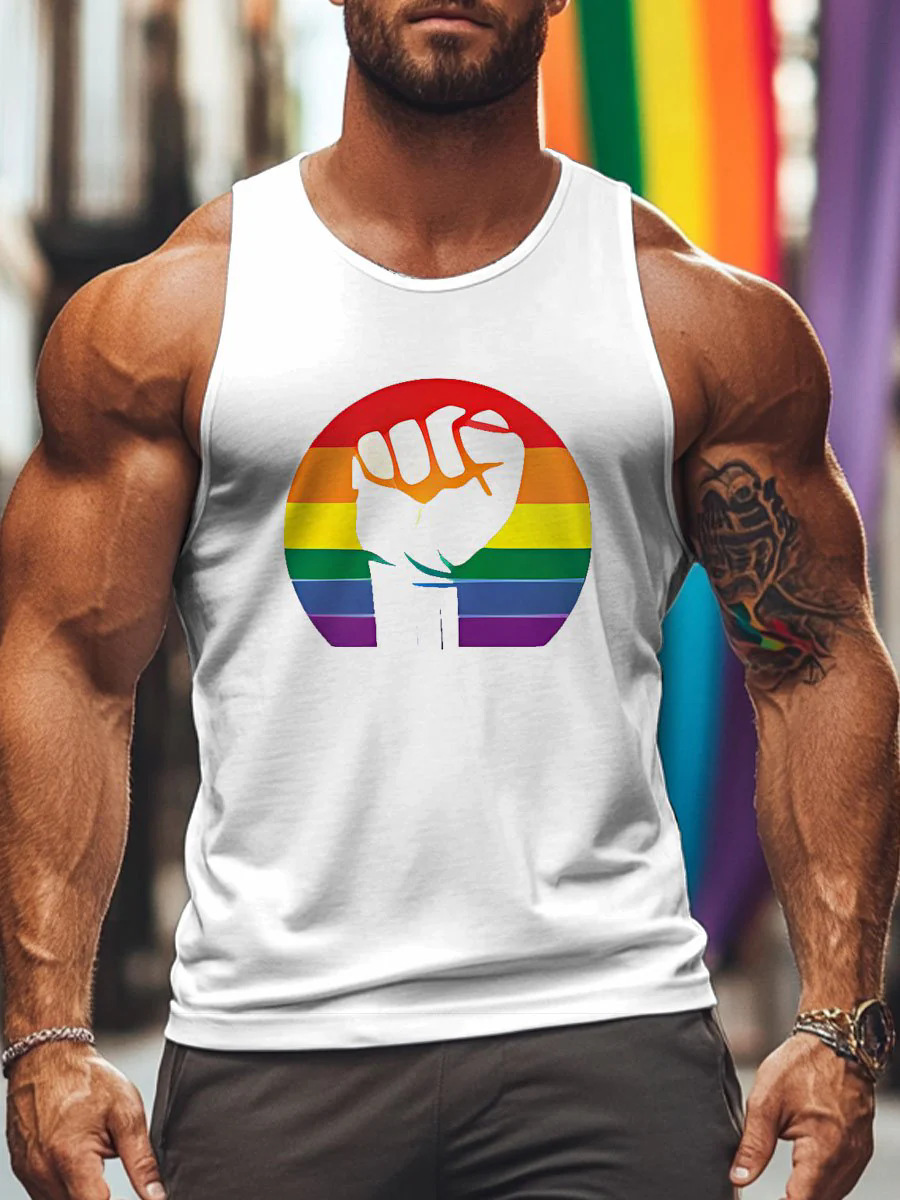 2025 Gay Rainbow Fist Print Style Tank Top Sizes XS-7XL Colorful Gay Man Casual Sleeveless Shirt