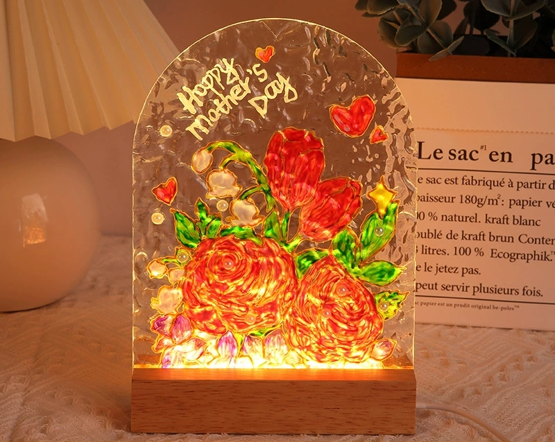 DIY Tulip Glass Painting Night Light Kit, Handmade Craft Set with Water Ripple Acrylic Board, Creative LED Lamp for Bedroom Decor, Mother's Day Gift from Daughter Son Kids