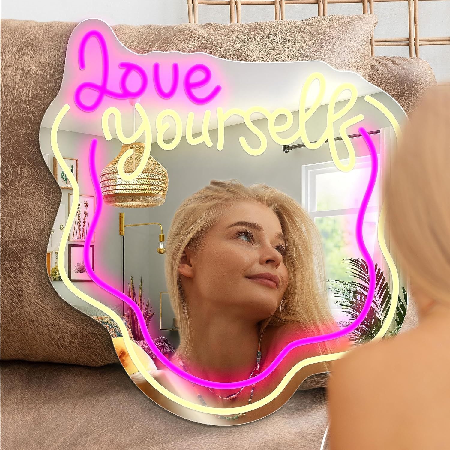 Valentine's Day Sale Love Yourself Mirror Light for Wall Wavy Neon Mirror LED Dimmable Light Gift for Her - MyFaceTshirt
