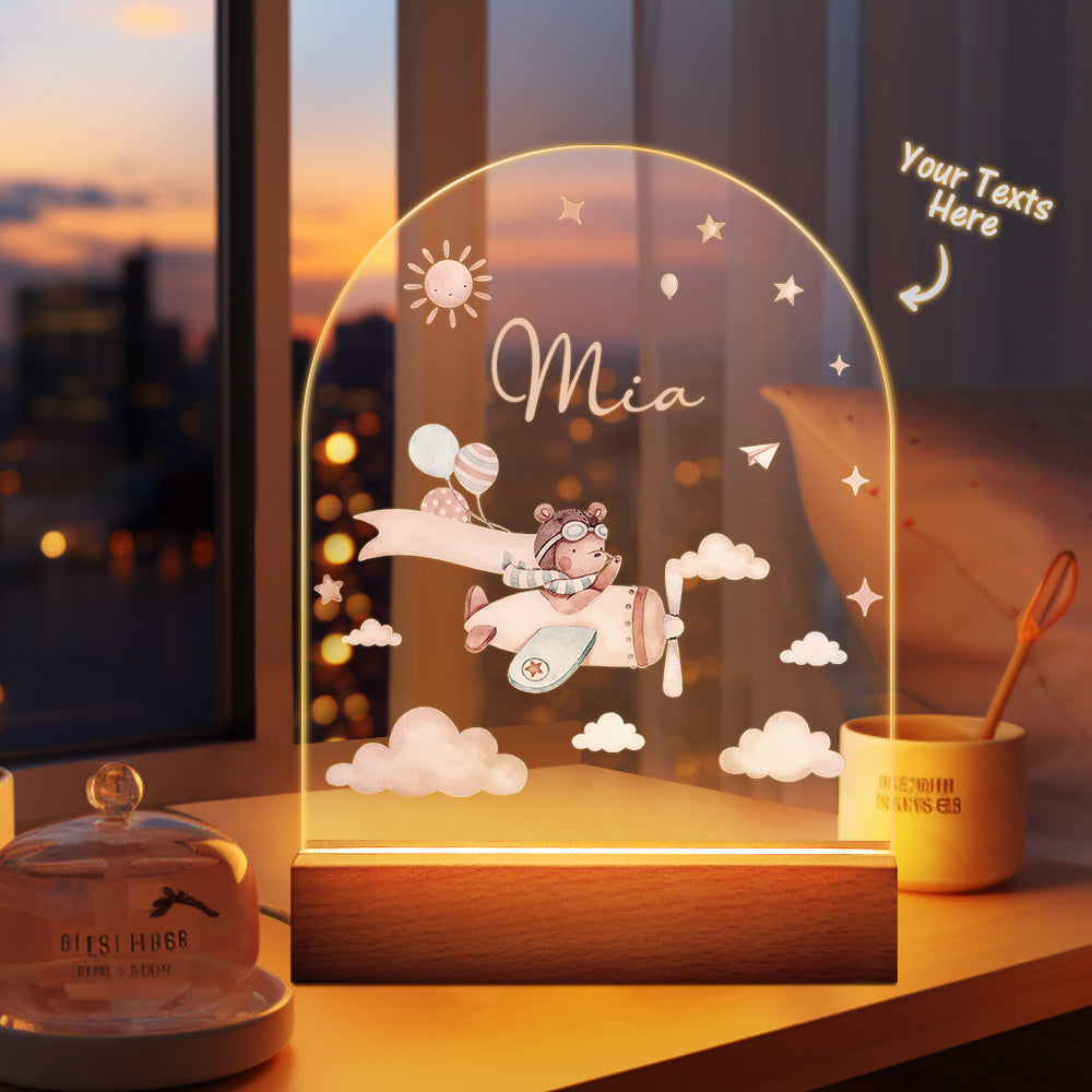 Personalised Baby Night Light With Wooden Base Custom Name Nursery Animals Light Baby Gift - MyFaceTshirt