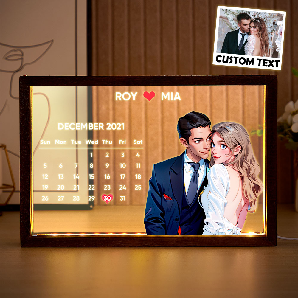 Custom Comic Portrait Night Light with Calendar & Message - Upload Your Photo for Wedding Gift for Newly Married Couples - MyFaceTshirt