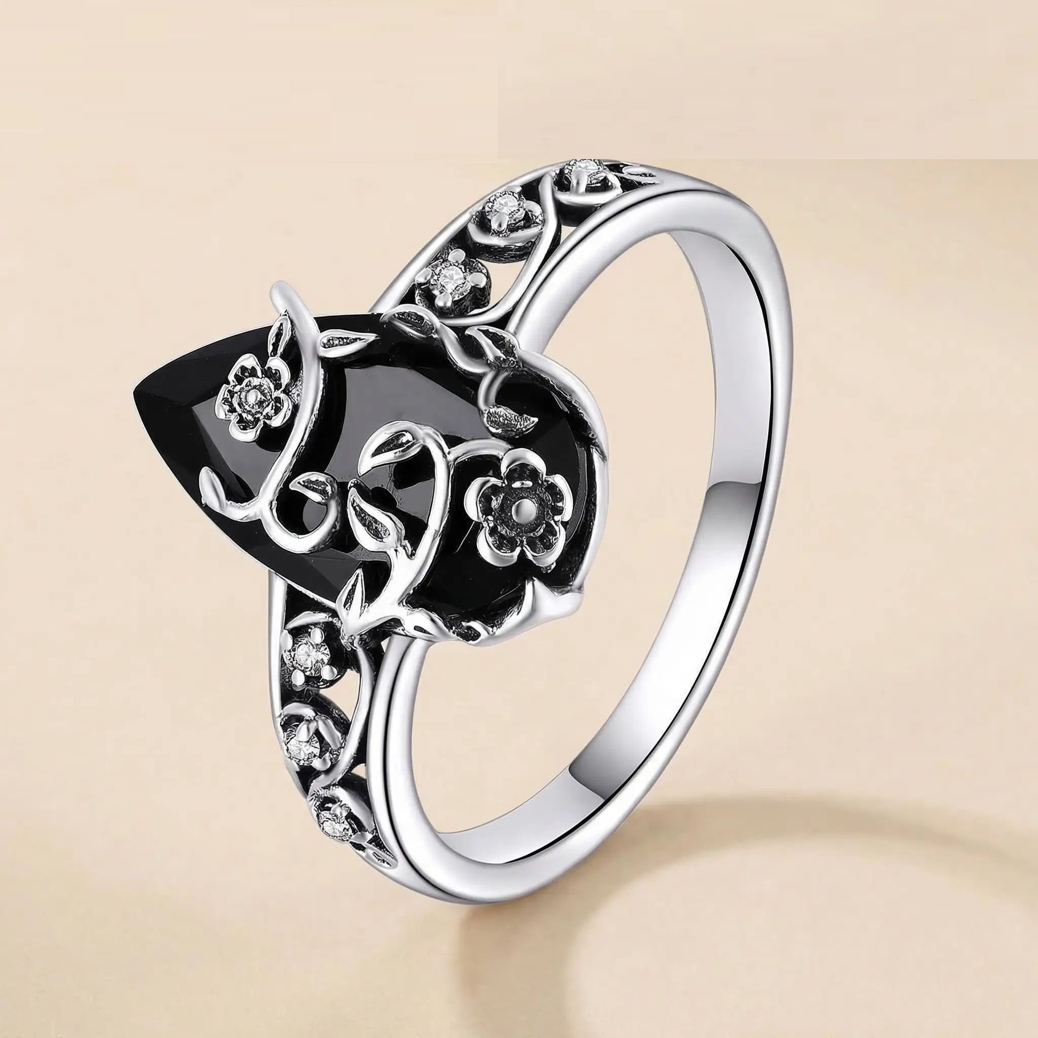 Synthetic Obsidian Ring with Vintage Flower Design, Elegant Black Lab Grown Diamond Ring Jewelry for Women, Energy Crystal Ring Perfect for Daily Wear and Birthday Party