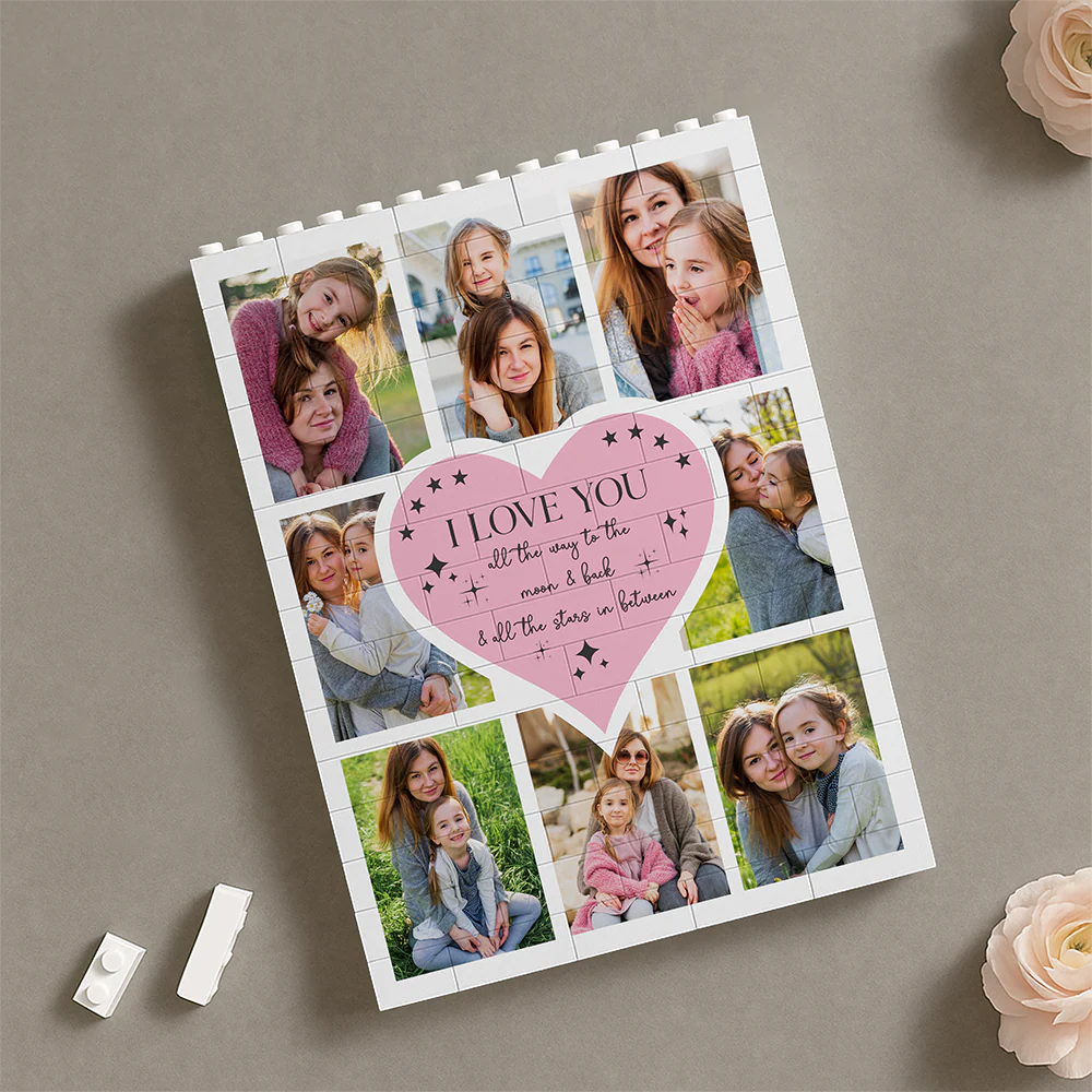 Personalized Heart Photo Brick Puzzle Custom To the Moon & Back Building Blocks Multi-Photo Collage Keepsake Gift for Mom Anniversary Decor Bricks - MyFaceTshirt