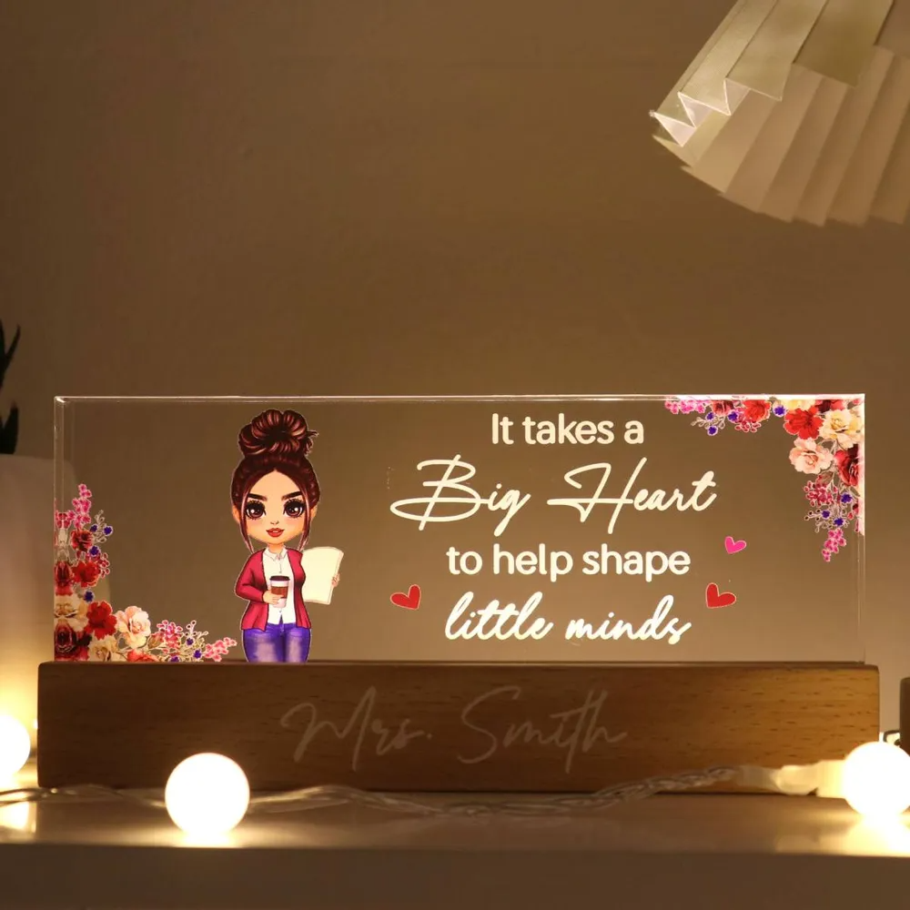 Teacher It Takes A Big Heart To Help Shape Little Mind Floral Personalized Acrylic Block LED Night Light