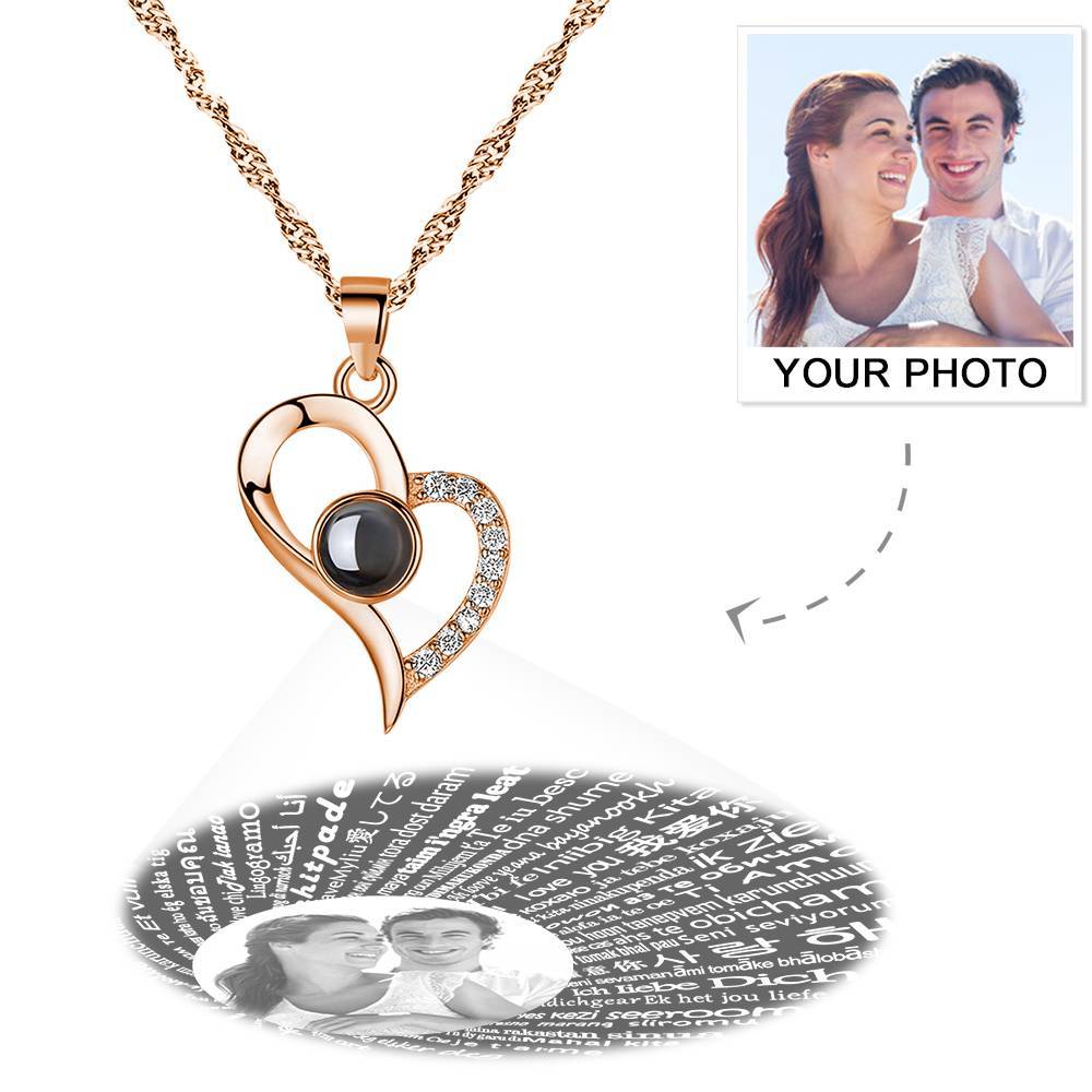 Personalized Photo With 100 Languages Says I Love You Projection Necklace Love Your Heart Rose Gold - MyFaceTshirt