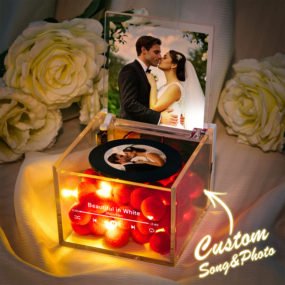 Personalized Mini Music Record Player For Wedding Custom Names and Calendar in an Acrylic Box Perfect for Newly Married Couples - MyFaceTshirt