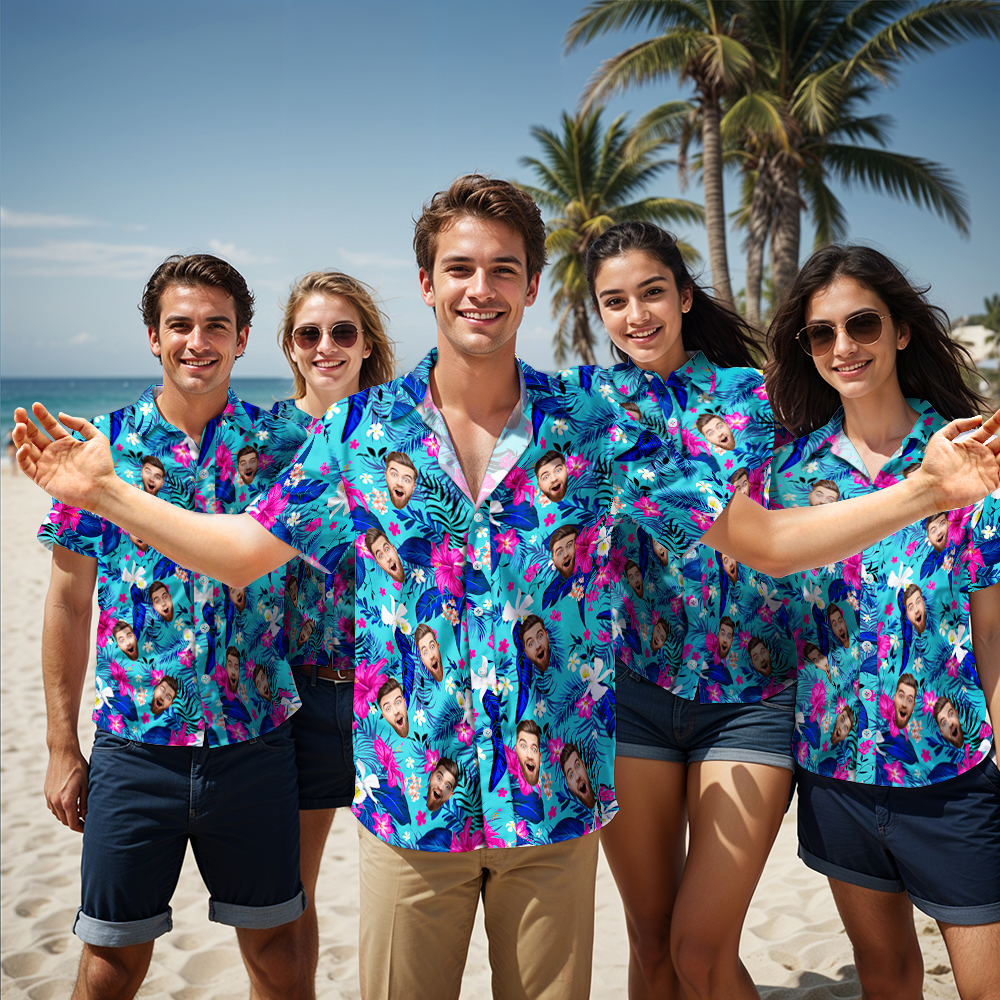 Custom Hawaiian Shirt With Face Personalized Logo All Over Print Light Blue Shirt For Company