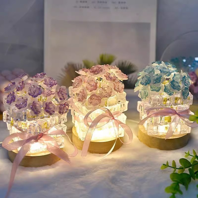 Handmade DIY Ice Cube Rose Night Light Flower LED Lamp for Living Room Unique Gift for Women Girlfriend Wife