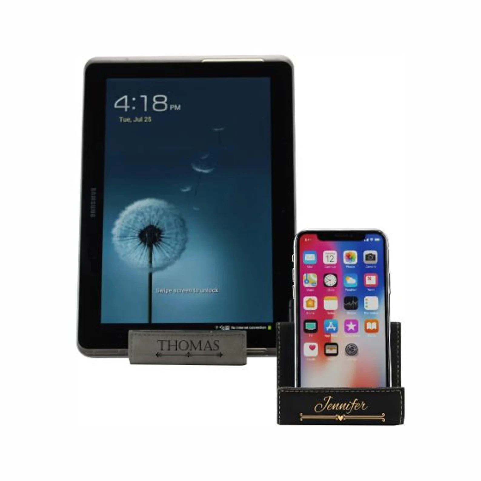 Leather phone stand for desk, personalized iphone holder, tablet stand in multiple colors. Engraved ipad gift for her, iphone stand