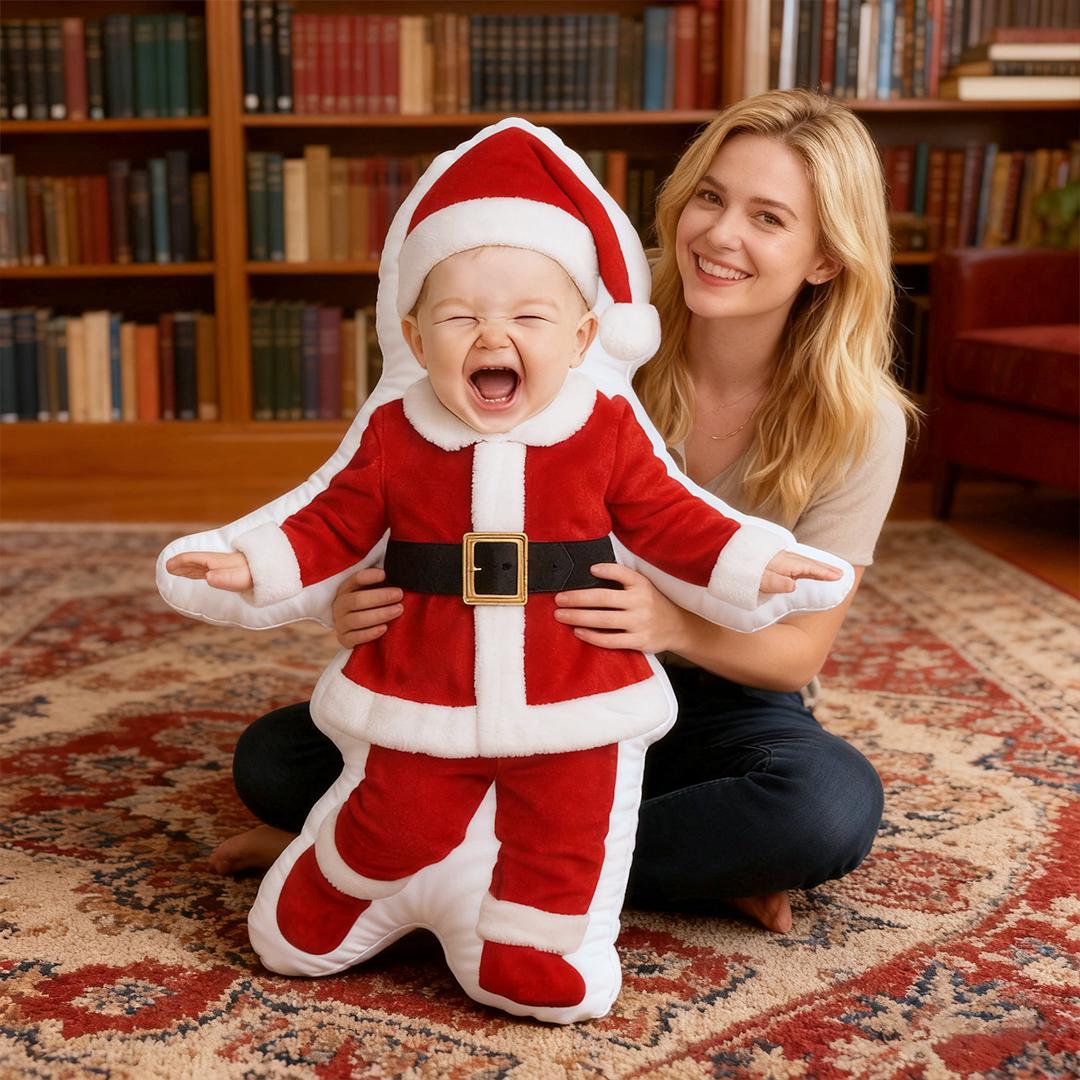 Custom Baby Photo Pillow – Personalized Christmas Santa Cushion, Holiday Elf Doll Pillow, Unique Baby Gift Keepsake, Christmas Decor