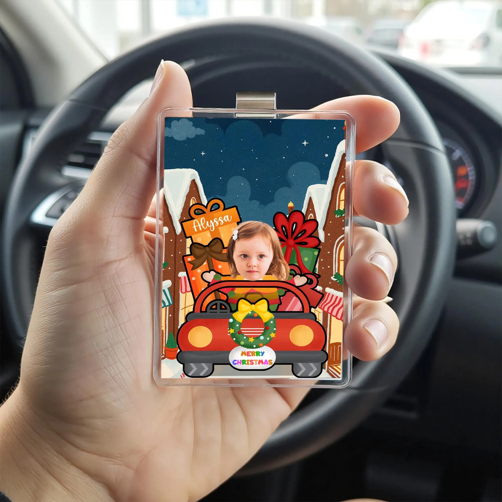 Custom Christmas Acrylic Visor Clip, Personalized Car Accessory Child Photo with Name, Funny Holiday Driving Gift Decoration, Christmas Gift