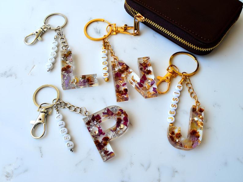 Personalized Name Bead Bag Charm Resin Letter Key Chain Initial Keyring Car Accessory Custom Purse Charm Diaper Bag Tag, Bridesmaid Gifts