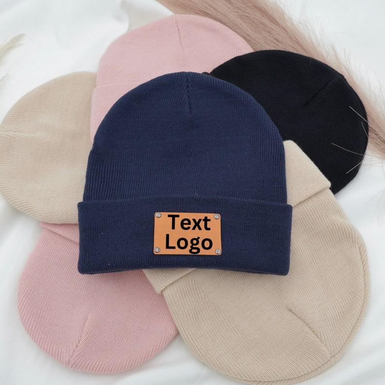 Personalized Leather Patch Beanies - Custom Beanie Hats with Custom Logo - Newborn Youth Unisex Winter Hat | Company Logo Gift