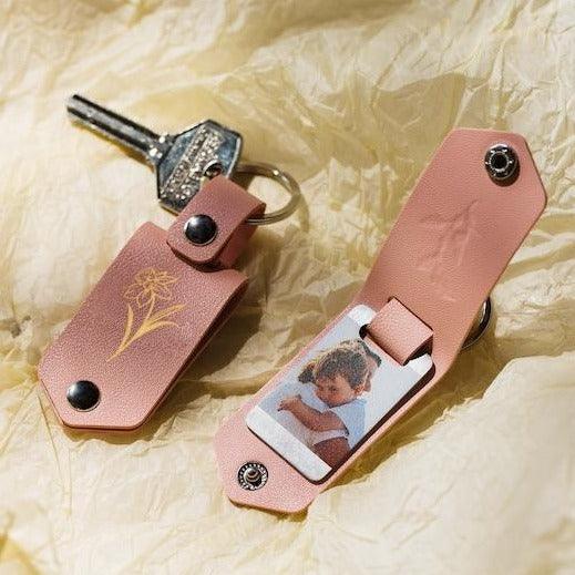 Personalised Photo Keyring, Gift for Mom, Mother's day Leather Keychain with Photo and Birth Flower, Gift for Her, Mother's Day Gift - MyFaceTshirt