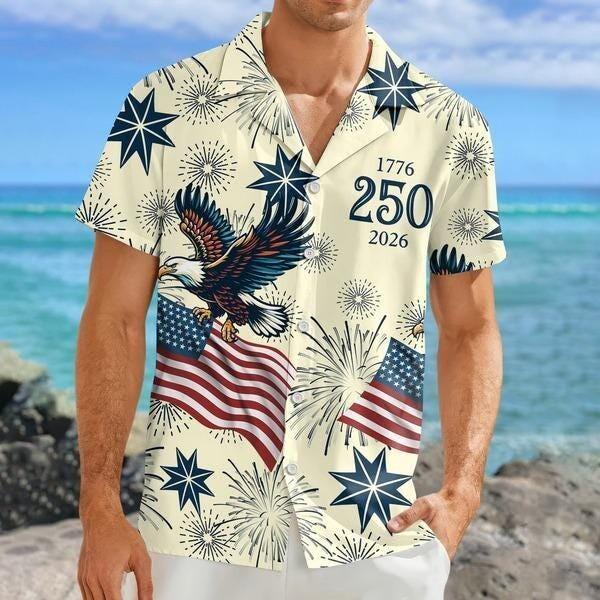 250 Years Of Freedom Hawaiian Shirt, America 250th Anniversary 1776–2026, Bald Eagle American Flag Button Up, Patriotic 4th Of July Shirt