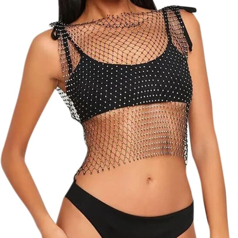 Women Sexy Mesh Tank Tops Diamond Hollow Out See Through Crop Tops for Festival Club Rave Outfit
