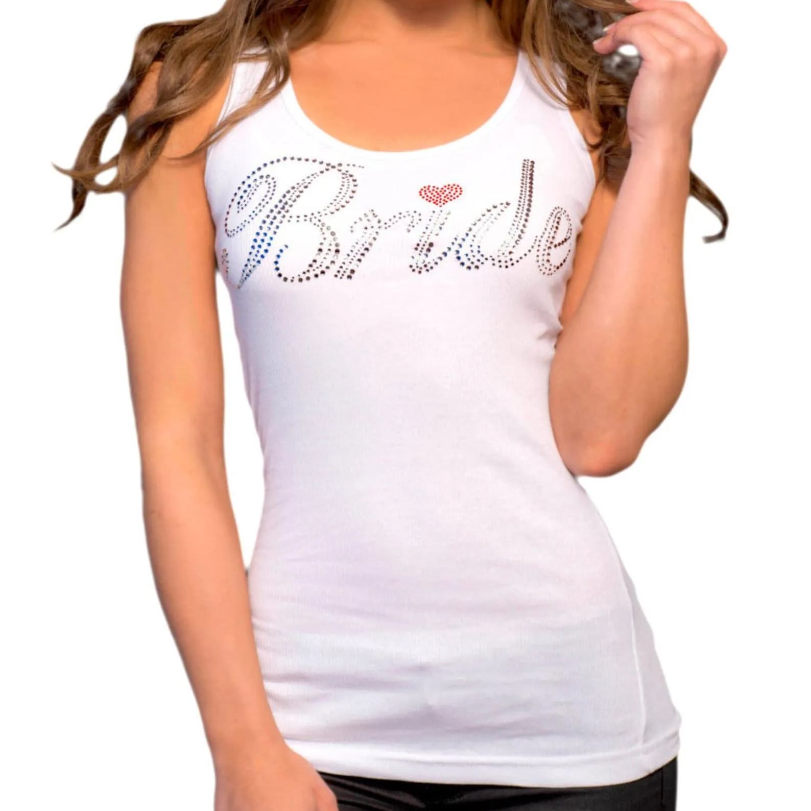 White Wedding Tank Top with Rhinestone Bride and Red Heart