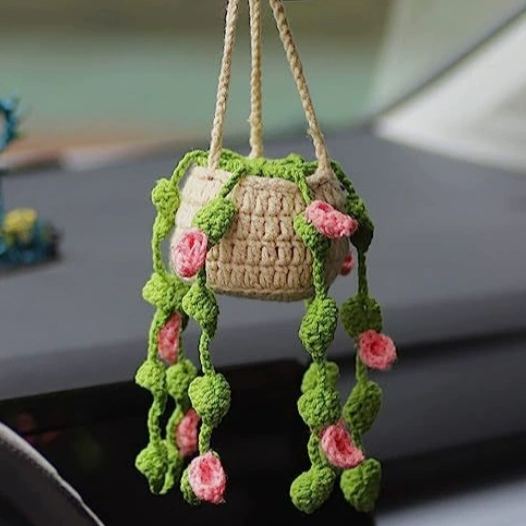 Blooming Car Hanging Basket - Hand Crochet Macrame Rearview Mirror Charm, Boho Floral Car Accessory