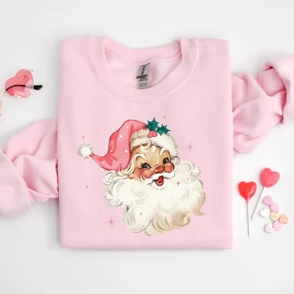 Pink Santa Retro Christmas T-Shirts Sweatshirts for Women Pink Christmas Matching Family Sweaters Pink Vintage Holiday Crewneck Group Party