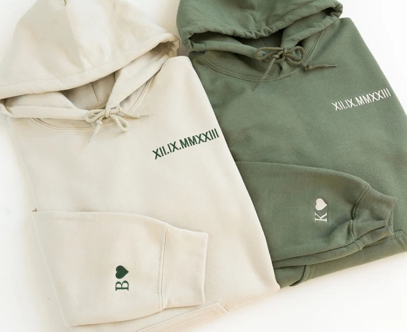 Custom Engraved Hooded Embroidery Round Neck Roman Numeral Date Couple Gifts