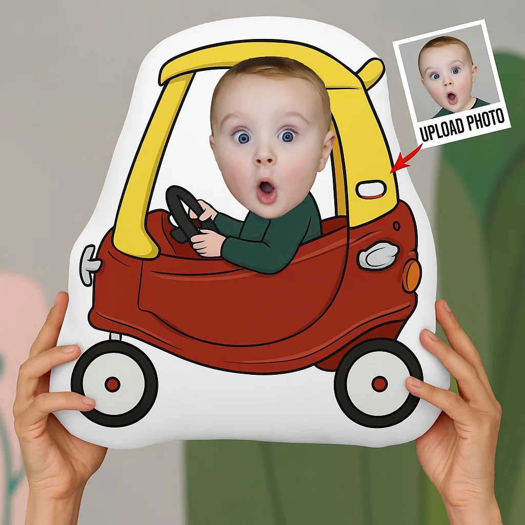 Personalized Baby Driving Car Photo Pillow | Custom Shaped Keepsake Cushion Gift for Babies