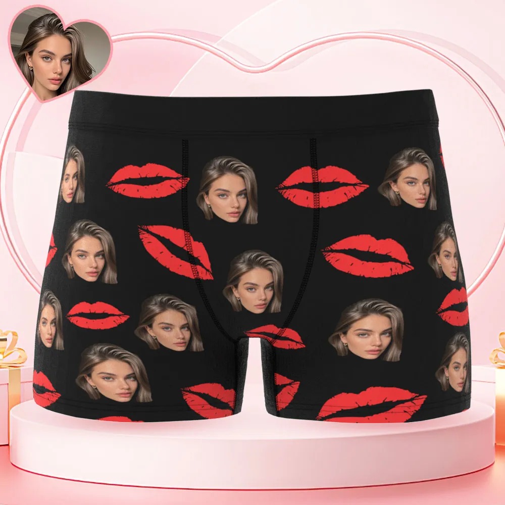 Red Lips Custom Photo Underwear, Personalized Sexy Gifts for Couples, Custom Photo Christmas Panties
