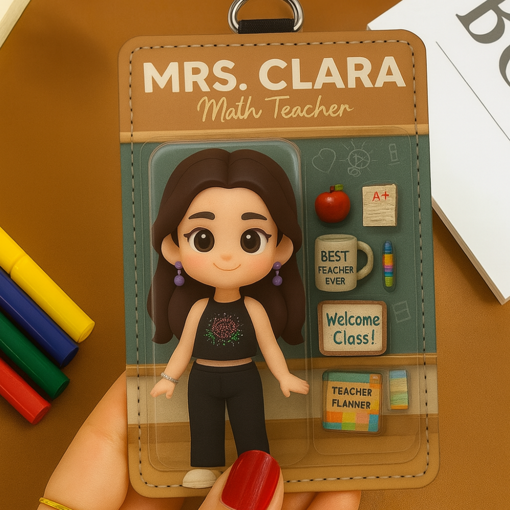 3D Effect Teacher Figure Style Personalized ID Badge Holder, Back To School Gift For Teacher Colleagues