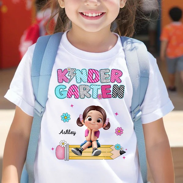 Personalized Kindergarten Tshirt for Girls, Colorful Pencil Pattern Custom Kids Name, Back To School Shirt Toddler, First Day School Outfit