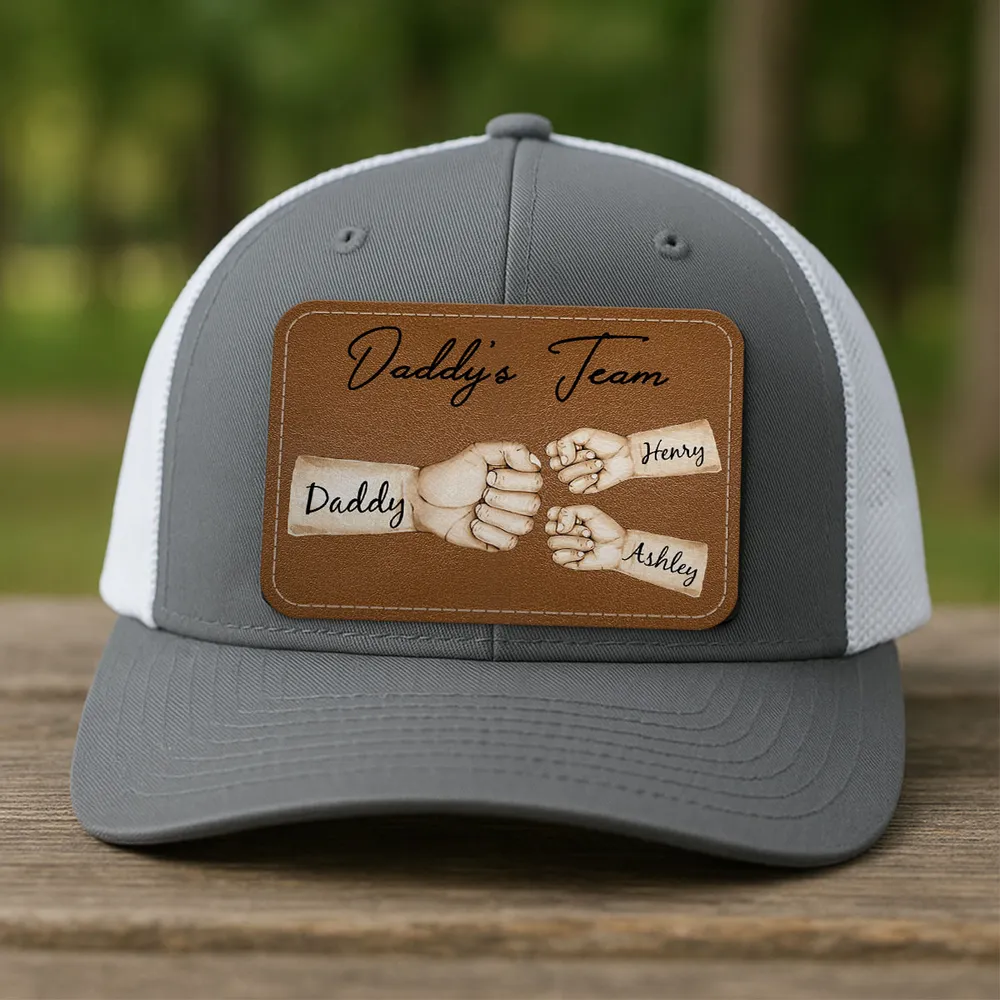 Daddy's Team Fist Bump Personalized Leather Patch Hat, Trucker Cap| Cool Father's Day Gift For Dad, Husband