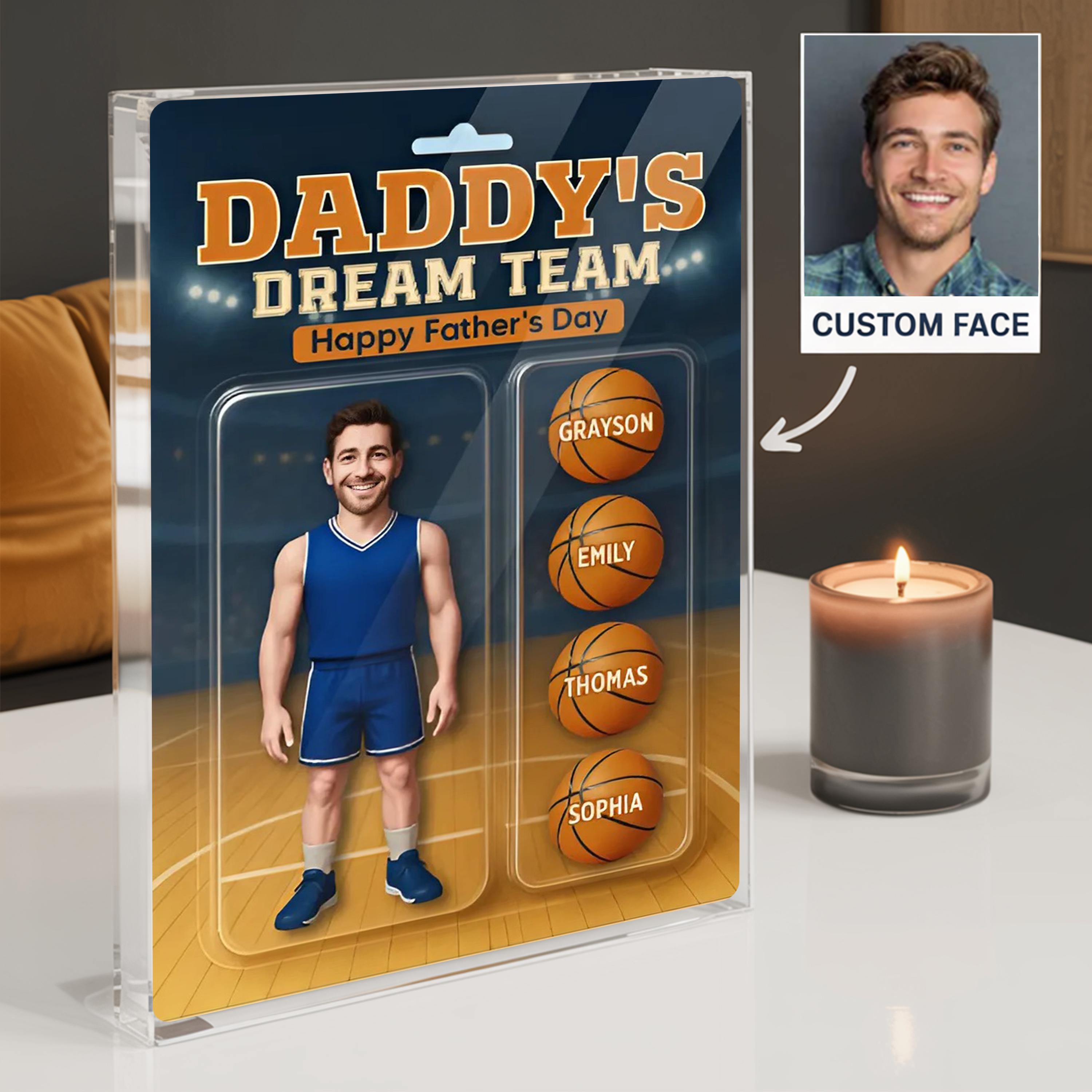 Personalized 3D Effect Basketball Dad Custom Figure Personalized Rectangle Flat Acrylic Block Plaque, Daddy's Dream Team, Fathers Day Gifts