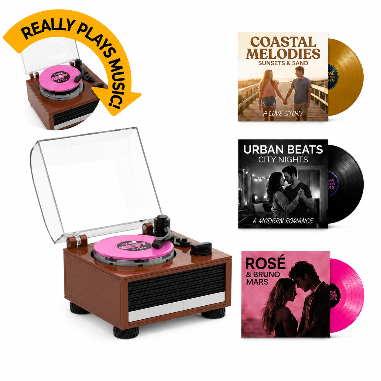 Custom Music Vinyl Brick Figure That Really Spins & Plays Music | Each Vinyl Can Play a Different Song - MyFaceTshirt