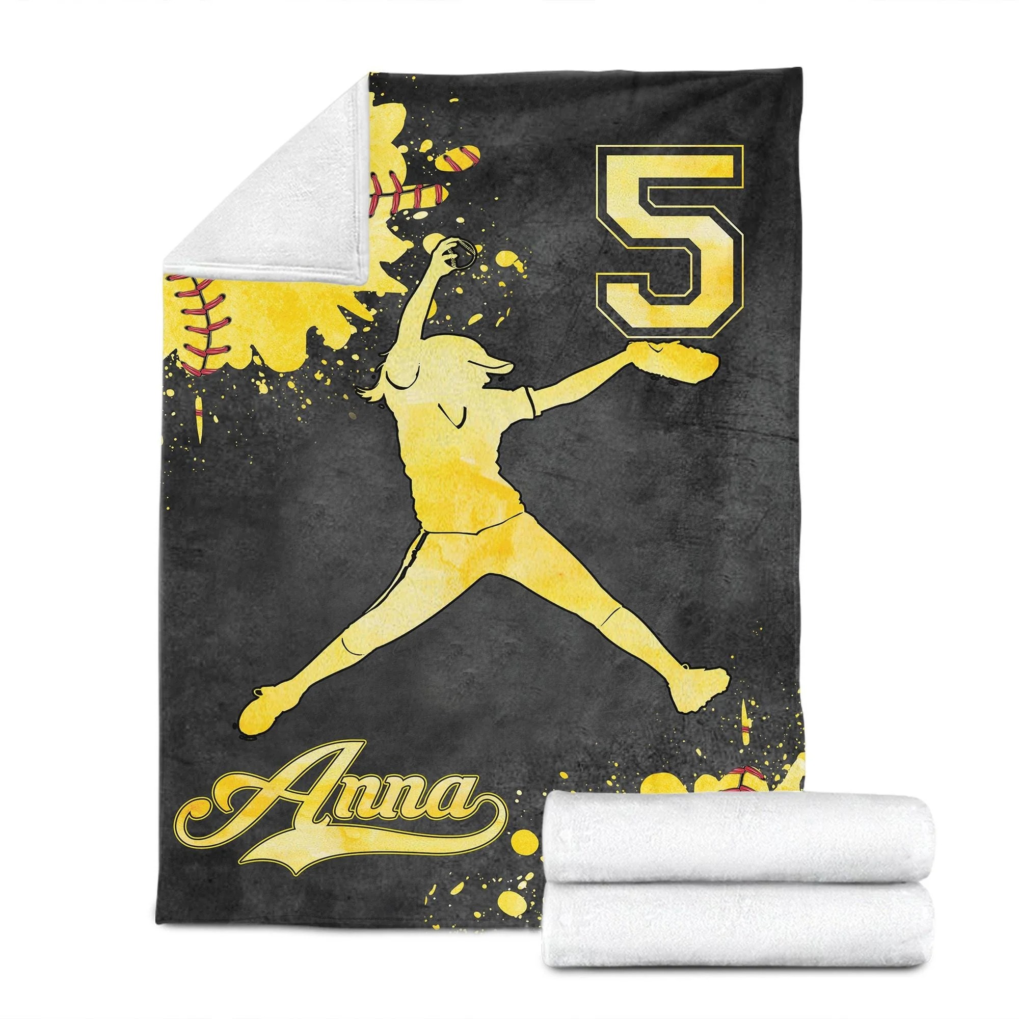 Personalized Softball Blanket, Custom Name Number Soft Cozy Sherpa Fleece Throw Blanket, Sport Gift for Daughter, Girl, Kid, Team
