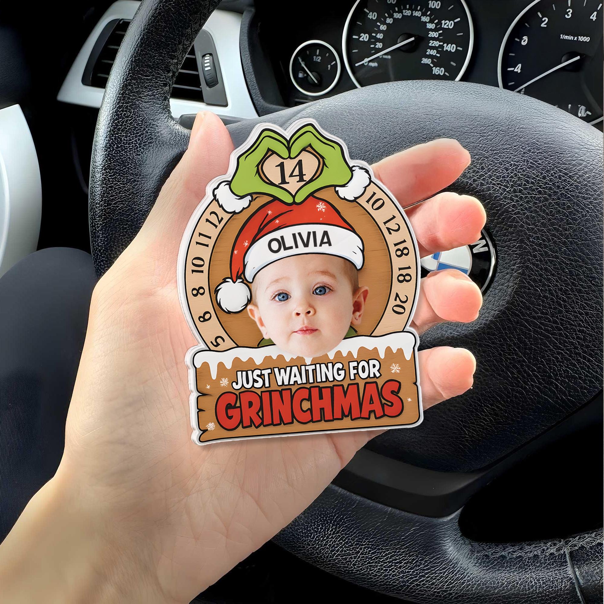 Just Waiting for Grinchmas Car Clip, Christmas Calendar Ornament, Christmas Countdown, Grinchmas Ornament, Custom Baby Face Car Visor Clip
